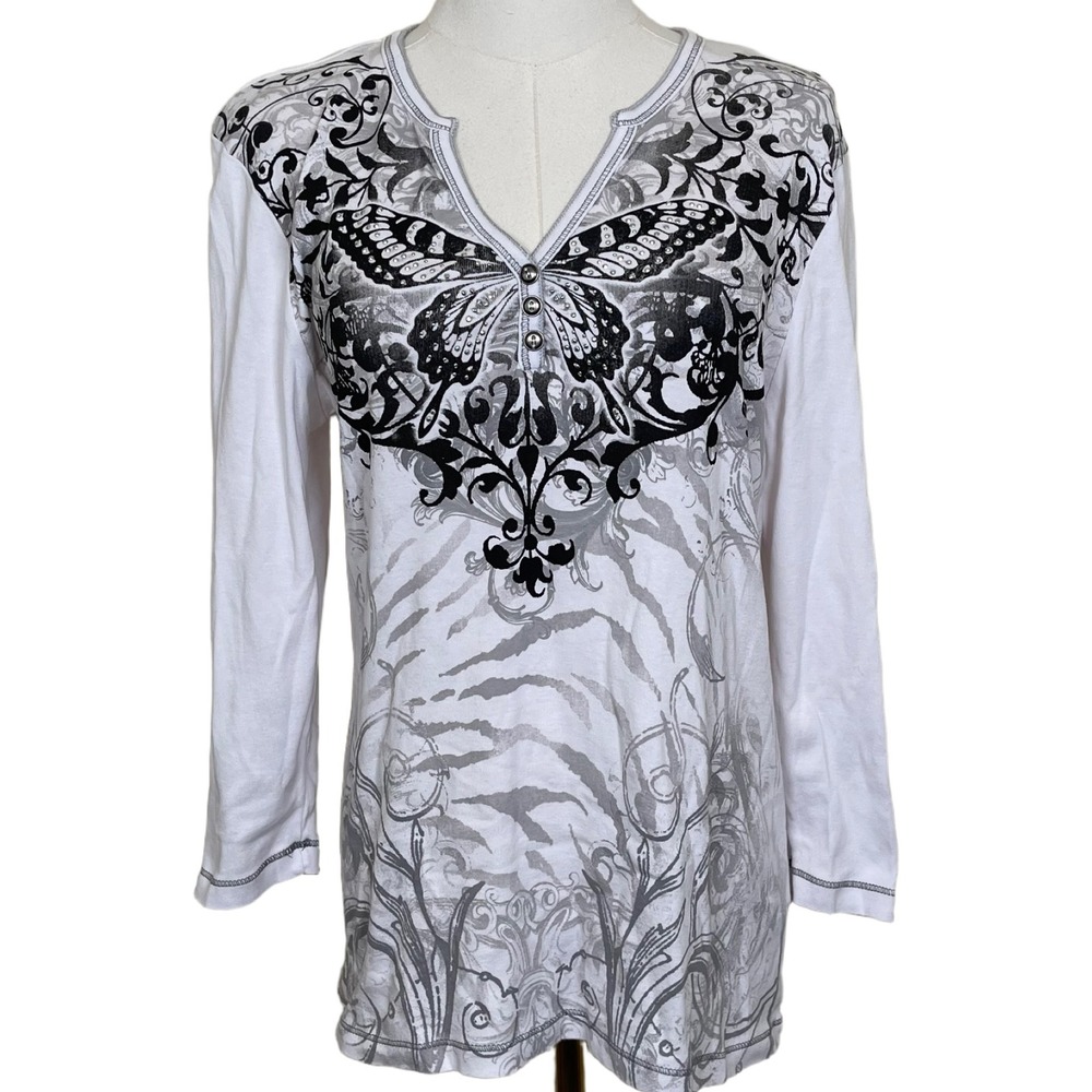 Vintage Blue Canyon Clothing Butterfly Henley Top Womens XL White Rhinestone Y2K